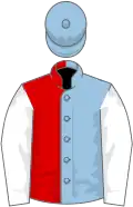 Light blue and red (halved), white sleeves, light blue cap