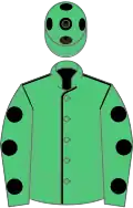 Emerald green, black seams, emerald green sleeves, black spots and spots on cap