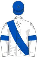 White, royal blue sash, armlets and cap