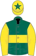 Dark green, yellow hoop and sleeves, yellow cap, dark green star
