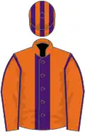 Orange, purple panel, purple seams on sleeves, striped cap