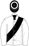 White, black sash, black cap, white hoop