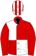 Red and white (quartered), red sleeves, striped cap