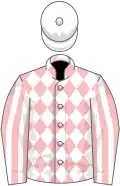 Pink and white diamonds, striped sleeves, white cap