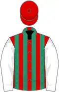 Red and emerald green stripes, white sleeves, red cap