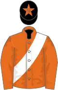 Orange, white sash, black cap, orange star