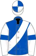 Royal blue, white sash, white sleeves, royal blue armlet, quartered cap