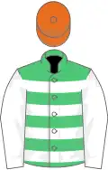 Green and white hoops, white sleeves, orange cap