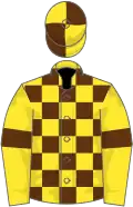Yellow, brown check and armlets, quartered cap