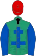 Emerald green, royal blue cross of lorraine and sleeves, red cap