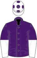 Purple, white halved sleeves, white cap, purple spots