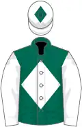 Dark green, white diamond and sleeves, white cap, green diamond