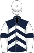 Dark blue, white chevrons, white sleeves, dark blue armlets, white cap