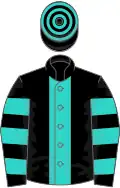 Black, turquoise stripe, hooped sleeves and cap