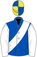 Royal blue, white sash and sleeves, royal blue and yellow quartered cap
