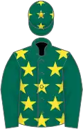 Dark green, yellow stars, dark green sleeves, yellow stars on cap