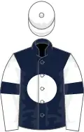 Dark blue, white disc, white sleeves, dark blue armlets, white cap