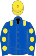 Royal blue, yellow epaulets, royal blue sleeves, yellow spots, yellow cap