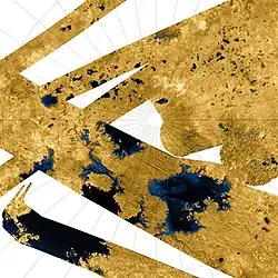 High-resolution false-color Cassini synthetic aperture radar mosaic of Titan's north polar region, showing hydrocarbon seas, lakes and tributary networks. Blue coloring indicates low radar reflectivity areas, caused by bodies of liquid ethane, methane and dissolved nitrogen.[1] About half of Kraken Mare, the large body at lower left, is outside the image. Ligeia Mare is the large body at lower right. Punga Mare is just left of center. Jingpo Lacus is just above Kraken Mare, and Bolsena Lacus is directly above it.