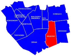 Location of Brzeziny within the district of Białołęka, in accordance to the Municipal Information System.