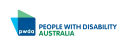 A blue square with PWDA in white text in the middle of the square. People with Disability Australia in large text next to it in blue and green.