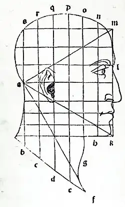 Woodcut from Luca Pacioli's 1509 De divina proportione with an equilateral triangle on a human face