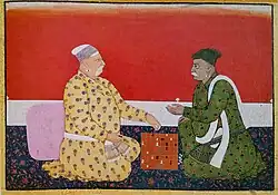 Painting of Mian Gopal Singh playing chess with Pandit Dinamani Raina. Ascribed to Pandit Seu of Guler. Dated ca.1720–1725