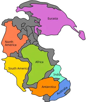Image 72Pangaea was a supercontinent that existed from about 300 to 180 Ma. The outlines of the modern continents and other landmasses are indicated on this map. (from History of Earth)