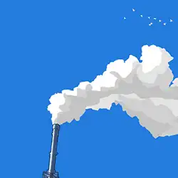 This digital artwork features a factory chimney against a bright blue sky, emitting a large cloud of white smoke that billows towards the top right corner of the frame. A small flock of birds can be seen flying in a V-formation in the distance above the smoke.