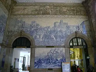 Interior of the São Bento railway station, Porto, Portugal, around twenty thousand tiles (551 square meters) installed in the building were created in the 1930s by the painter Jorge Colaço.[39]