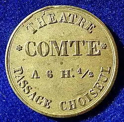 Admission token Théâtre Comte, passage Choiseul, for a family of 4, obverse.