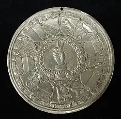 The coats of arms of the Thirteen Cantons as shown on the "baptismal medal" or Patenpfennig presented by the Confederacy to Princess Claude of Valois (by Jacob Stampfer of Zürich (1547).