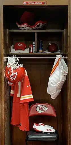 Mahomes's locker, filled with gear