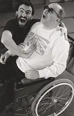 Paul Newham working with a member of Libra Theatre – a troupe comprising people with disabilities.