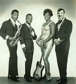 Publicity photo of Pearl Reaves and the Paul Farano Trio taken in the 1960s. Robert Green, Eddie Shaw, Pearl Reaves Farano, Paul Farano.
