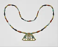 Pectoral and necklace of Princess Sithathoriunet; 1887–1813 BC; gold, carnelian, lapis lazuli, turquoise, garnet & feldspar; height of the pectoral: 4.5 cm; Metropolitan Museum of Art