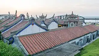 Temple with Rainbow Bridge and sunset.