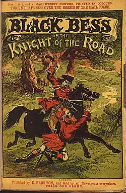 Cover of a book, headed "BLACK BESS or the KNIGHT OF THE ROAD". A man dressed in red rides a black horse, mid-stride, through a forest. Another man holds the reigns, and appears to be dragged along.