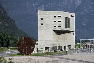 The Pollegio Control Centre (near the south portal) with one of the four used TBM cutter heads on display