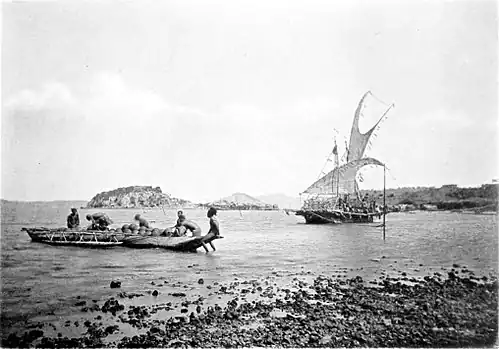Loading a lakatoi at Port Moresby, prior to 1885