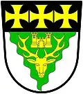 Lydney Rural District Council (abolished 1974): Argent, on a pile wavy throughout vert, a stag's head caboshed, between the attires a port between two towers, or; on a chief sable three crosses formy or.