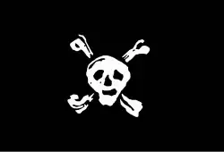 Interpretation of Stede Bonnet's flag from A General History of the Pyrates, described as "On the morning of the [8th of April] a large Ship and a sloop with Black Flags and Deaths Heads in them and three more sloops with Bloody Flags all bore down upon the said ship Protestant Caesar". Also a description of Blackbeard's flag.[25]