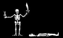 Alternate flag of Howell Davis, which ”represented a man asleep and a skeleton with one hand a clock, a sword of the other.”[44]