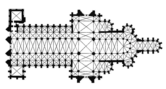 Plan of the cathedral (west front and nave to left, transept, choir and apse and Virgin Mary Chapel to right)
