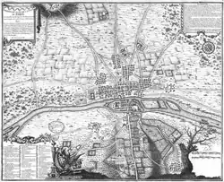 Paris circa 1180, the third of eight chronological maps of Paris from Nicolas de La Mare's Traité de la police. (BNF Gallica)
