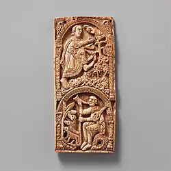 1060–80, Spain. Panel depicting Saint Aemilian of Cogolla with a three-stringed lute; the body and neck bear resemblance to the pandura, the peghead to cythara.