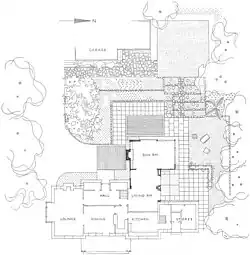 Black and white line drawing of house floorplan, designed by E. A. and Anna Plischke