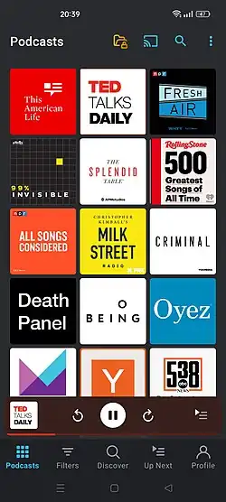 Screenshot showing subscribed podcasts in a grid