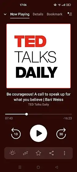 Screenshot showing a podcast cover and buttons for playing, skipping and other audio tools