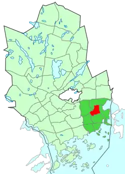 Location of Pohjois-Tapiola (red) within Espoo (light green) and Suur-Tapiola (dark green)